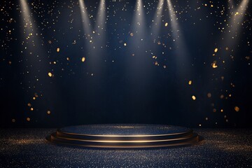 dark blue stage with golden spotlight lines and glitter texture for award ceremony design. realistic