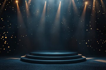 Wall Mural - dark blue stage with golden spotlight lines and glitter texture for award ceremony design. realistic