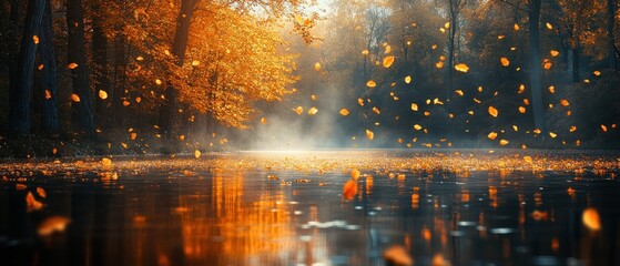 Poster - Autumn Leaves Falling on a Forest Lake