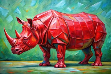 Red futuristic rhino Modern expressionist handmade acrylic painting