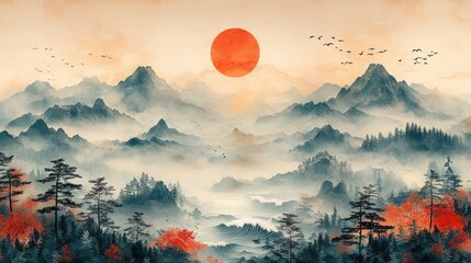 Wall Mural - Serene Mountain Landscape with a Red Sun