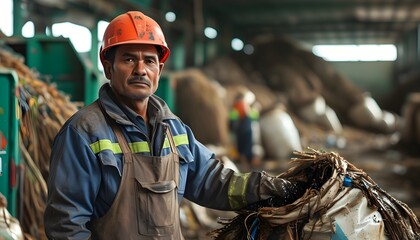 Dedicated sanitation workers efficiently sorting materials in a bustling recycling plant environment