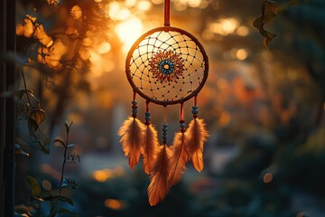 Dreamcatcher Hanging Against a Sunset Background