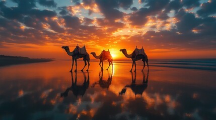 Canvas Print - Camels at Sunset on the Beach