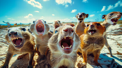 Funny Animal Faces Dive into a world of laughter with a group of 3D cute animals smiling directly at the camera. zoo wildlife background. Nature image. Ultra wide angle lens.