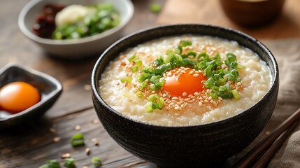 Bowl of Japanese rice porridge okayu with side dishes, Japanese food, comfort meal