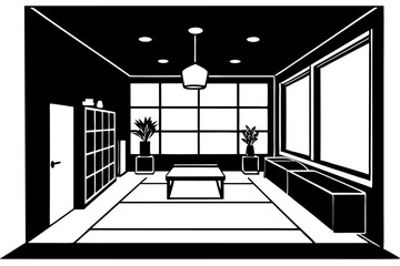 A modern room interior silhoouette,line art vector on white background.