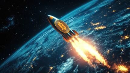 Canvas Print - Bitcoin Rocket Taking Off from the Moon
