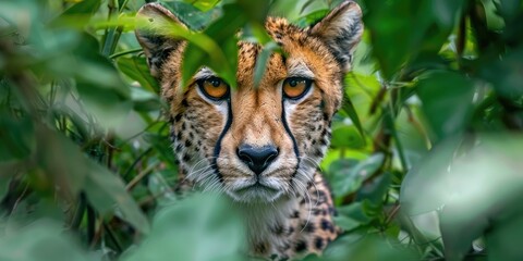 Wall Mural - Cheetah stares at the camera amid vibrant green foliage.