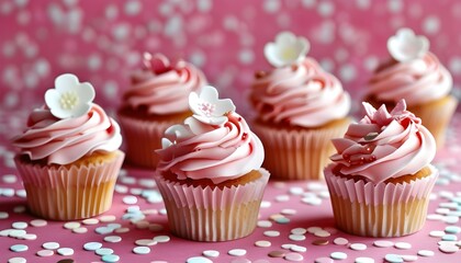 Wall Mural - deliciously sweet pink cupcakes decorated with vibrant frosting and sprinkles