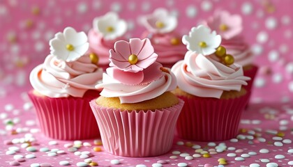 Wall Mural - deliciously sweet pink cupcakes decorated with vibrant frosting and sprinkles