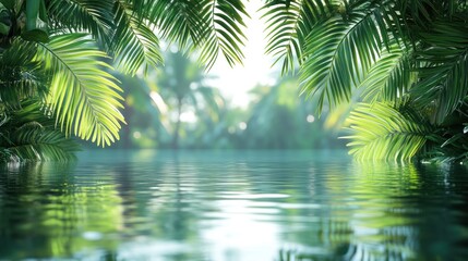 Canvas Print - Tranquil Lagoon Framed by Lush Palm Leaves