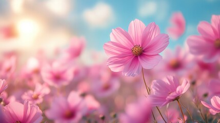 Wall Mural - Pink Cosmos Flowers Blooming in a Field at Sunset