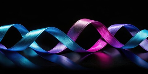 ribbons twisted and curled on black background, bird eye view
