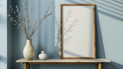 Wood side table, vase with twigs near big empty frame mock up poster with copy space against blue wall