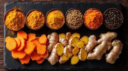 Wall Mural - Turmeric, Ginger, and Spices on a Black Slate