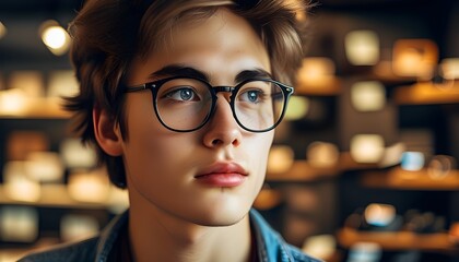 Young man in glasses posing confidently in trendy eyewear store