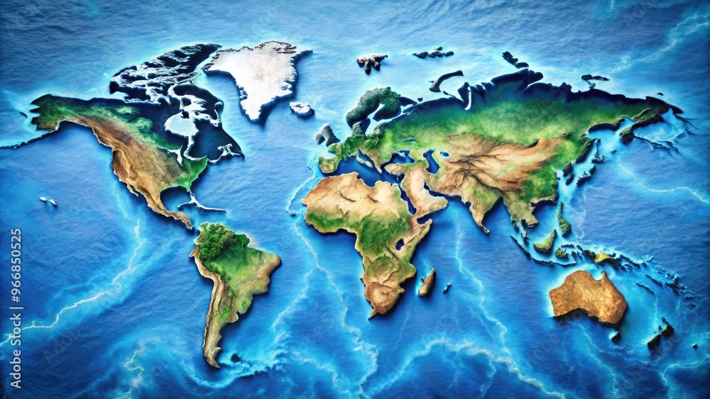 Vibrant blue rivers flow across a detailed, labeled world map ...