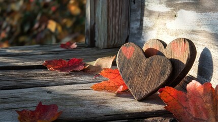 Romantic Scene with Wooden Hearts and Warm Sunlight

