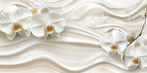 Wall Mural - A serene background featuring white orchids on a textured cream surface.