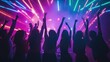 © Zidan - Close up of Group of happy people at DJ nightclub party with neon projector illumination effect. Ai generated image