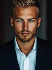 Wall Mural - full body, a ultra real full body shot photo of 35 years old business man, blue eyes, short blonde hair. At the background a ultra close up macro details, ultra contrast, with generative ai