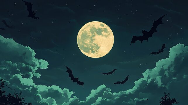 A Halloween night sky filled with flying bats, a full moon, and drifting clouds.