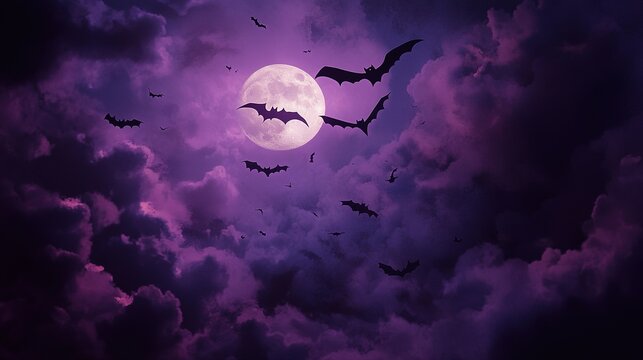 A Halloween night sky filled with flying bats, a full moon, and drifting clouds.