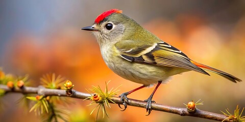 Wall Mural - Ruby crowned Kinglet Corthylio calendula bird perched on branch in forest