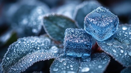 Wall Mural - Ice cubes on leaves with dew droplets in a serene setting.