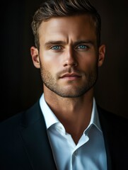 Wall Mural - full body, a ultra real full body shot photo of 35 years old business man, blue eyes, short blonde hair. At the background a ultra close up macro details, ultra contrast, with generative ai