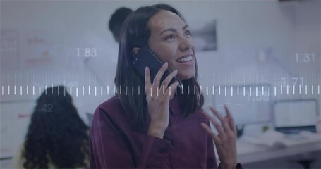 Poster - Animation of diagrams and data processing over biracial businesswoman talking on smartphone