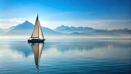 Wall Mural - Sailboat sailing on calm water with mountain backdrop