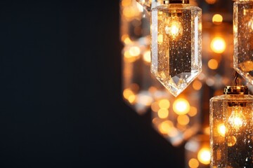 Close-up of crystal pendant light with a warm glowing effect and blurred bokeh background, enhancing an elegant atmosphere.