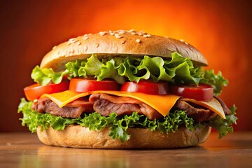 Sandwich with beef, cheese, tomato, and lettuce on orange background