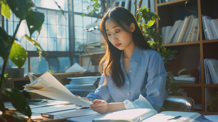 Focused woman reading documents in bright office surrounded by plants