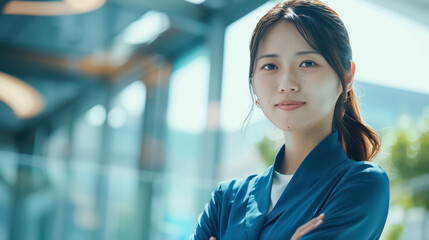 Confident woman in blue attire smiling in modern office setting