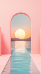 Sticker - Minimalist Pink Archway with Sunset View and Pool.