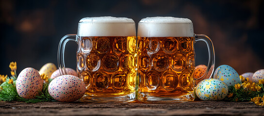 two glasses of beer next to a group of eggs