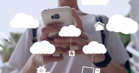 Poster - Animation of media icons over caucasian man using smartphone