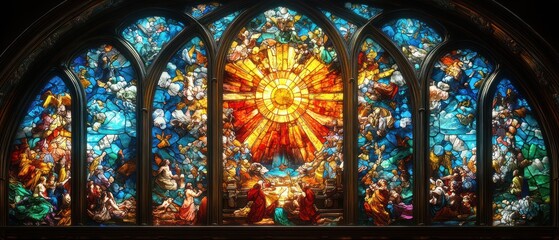 Stained Glass Window Depicting the Ascension of Christ with Angels and Disciples