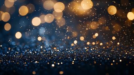 Poster - Dark blue and gold particles are scattered throughout, with glowing gold elements shimmering against the deep blue backdrop, creating a striking visual effect