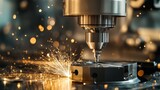 A CNC milling machine operates on a metal workpiece, with the cutting tool creating sparks as it precisely shapes the material in a well-lit workshop