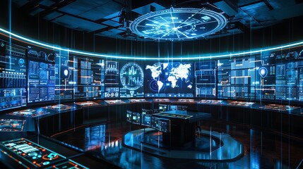 Poster - Futuristic control room with multiple monitors displaying data and graphics. The room is filled with advanced technology and a sense of power.