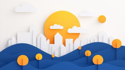 Poster - Abstract Paper Cutout Cityscape with Sunset and Clouds