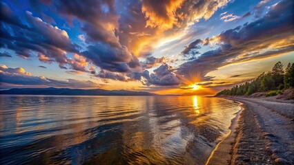 Wall Mural - Scenic sunset at Baikal lake with contrasted shore and clouds, depth of field