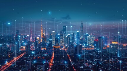 Poster - aerial view of a city at night with glowing skyscrapers and a network connection abstractly depicted