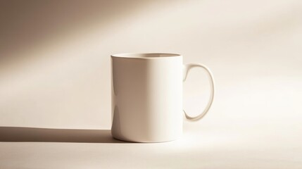 Poster - A plain white ceramic mug is centered in a softly lit space, highlighting its smooth surface and simple design, creating a serene and inviting atmosphere