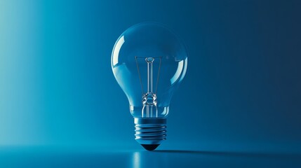 Poster - A clear lightbulb with an exposed filament sits prominently against a vibrant blue background, highlighting its shape and reflections in sharp detail