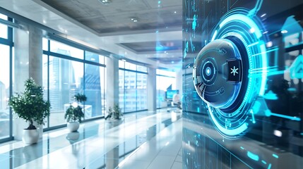 Fototapete - Futuristic digital interface with a glowing orb and a blue background, set against a modern office setting with large windows and sleek design.